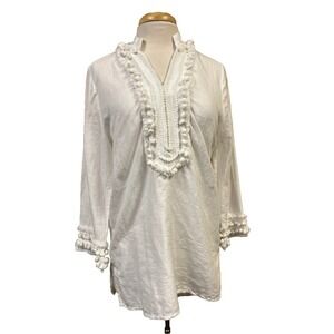 Chico's SZ 1 White Linen Tunic Top Pompom + Fringe Accented V-Neck 3/4 Sleeves